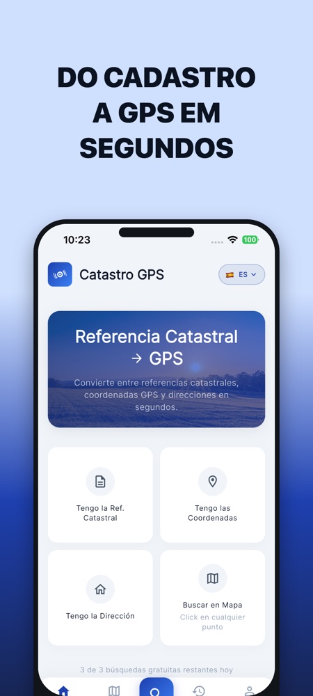 Ecrã inicial da app Cadastro GPS: converte referências cadastrais, coordenadas e moradas, ou pesquisa tocando no mapa.