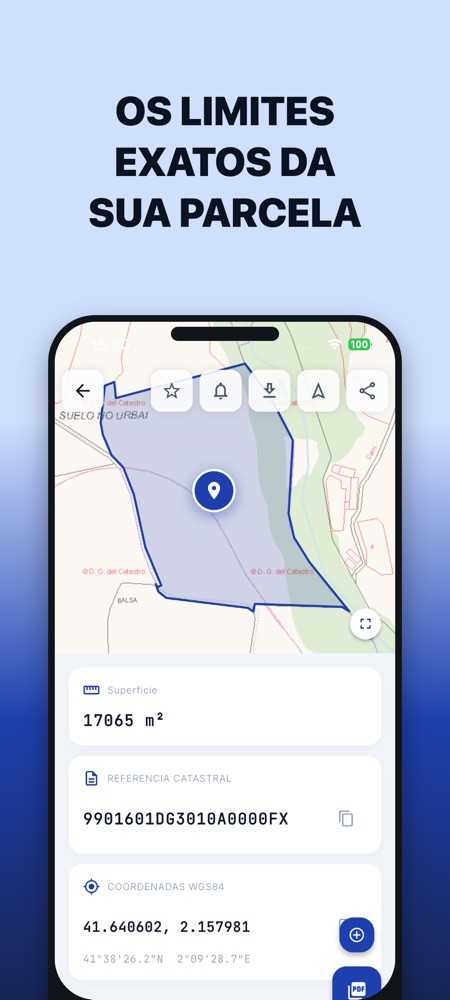 Detalhe de parcela na app: polígono oficial sobre o mapa cadastral, área, referência cadastral e coordenadas WGS84.