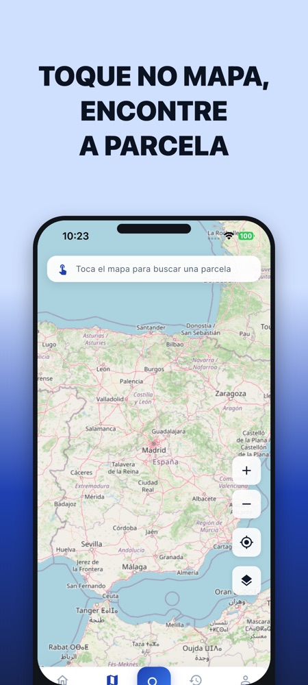Mapa na app com o aviso de tocar no mapa para pesquisar uma parcela.